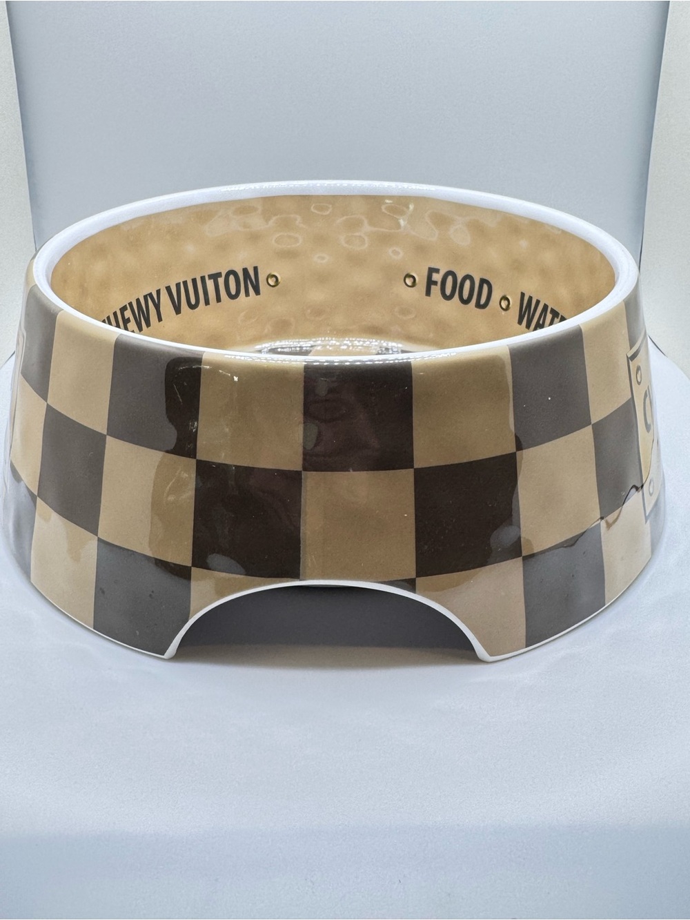 Chewy Vuiton Paris Dog Bowl Tan & Brown Checkered “Luxury” Pet Food Water Bowl - Picture 2 of 8